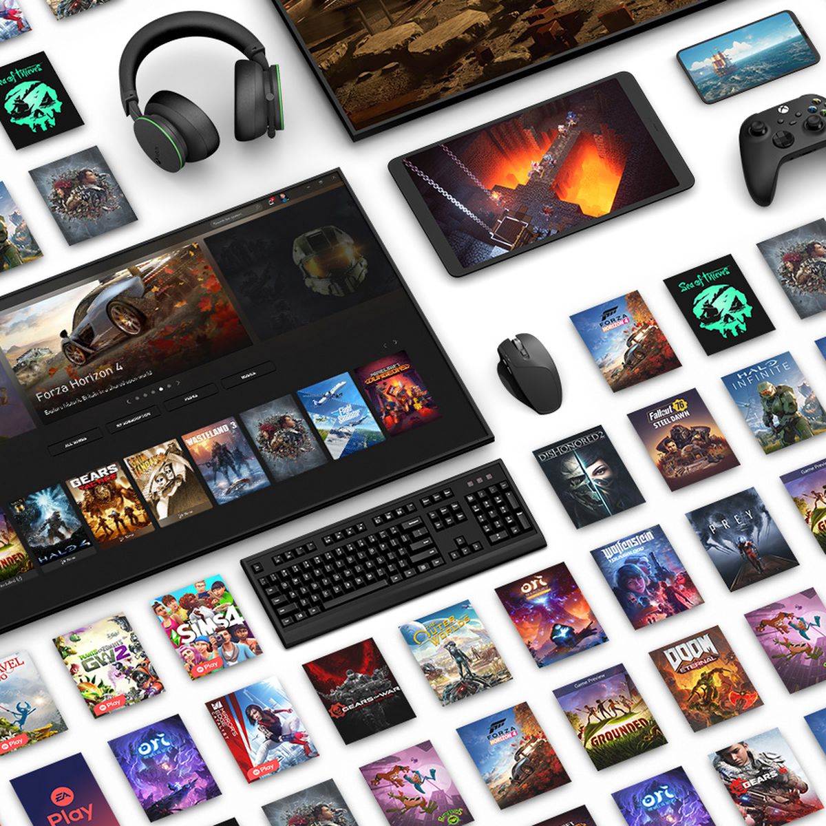 Bild som illustrerar Xbox Game Pass Ultimate.  Många små omslagsbilder av olika spel kring skärmar i olika storlekar.