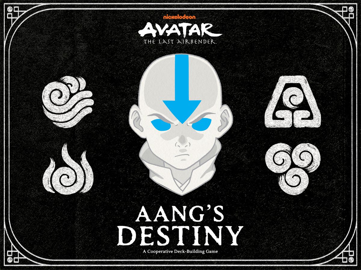 Aangs beslutsamma ansikte och symbolerna för de fyra nationerna Avatar: The Last Airbender visas i svart, vitt och blått på kartongen till Avatar: The Last Airbender — Aang's Destiny.