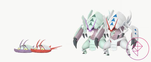 Glänsande Wimpod och Golisopod med sina normala former i Pokémon Go.  Båda shinyerna blir vita med röda detaljer.