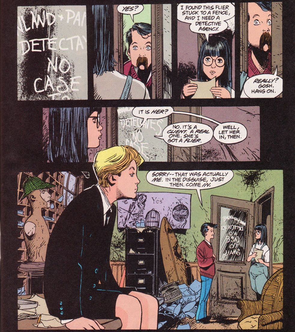 Charles hälsar en flicka med ett flygblad vid dörren till Dead Boy Detective-byrån.  Han har en uppenbarligen falsk mustasch, men när hon förklarar att hon behöver en detektivbyrå säger han 