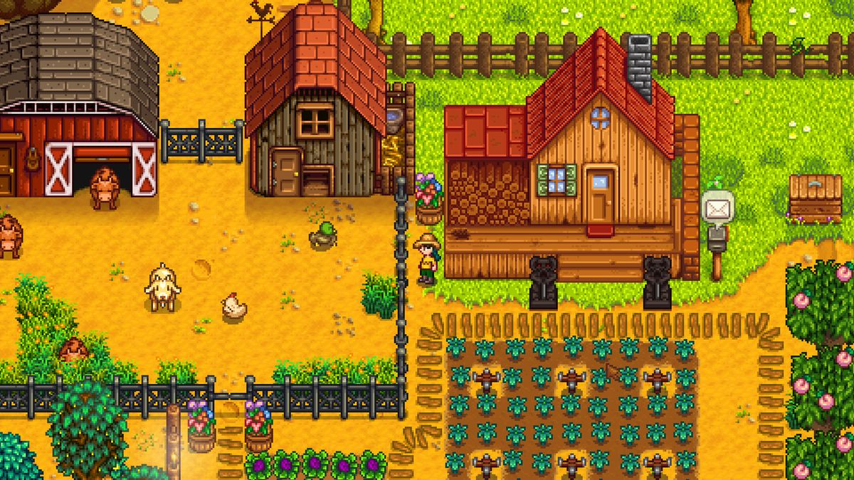 En skärmdump visar en gård i Stardew Valley.  Den har ett pixlat konstutseende.  Det finns en trädgård och en anime coop bredvid en bondgård.
