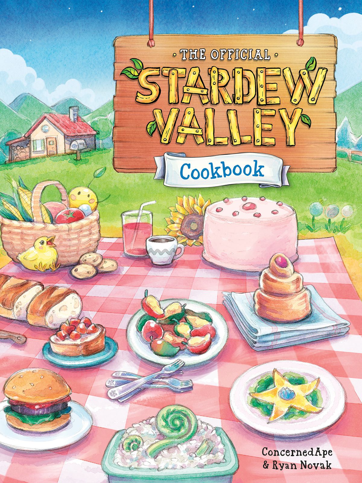 Bokomslaget till The Stardew Valley Cookbook, med en pastellritning av en utomhuspicknick utspridda på en rosa och vit rutig duk