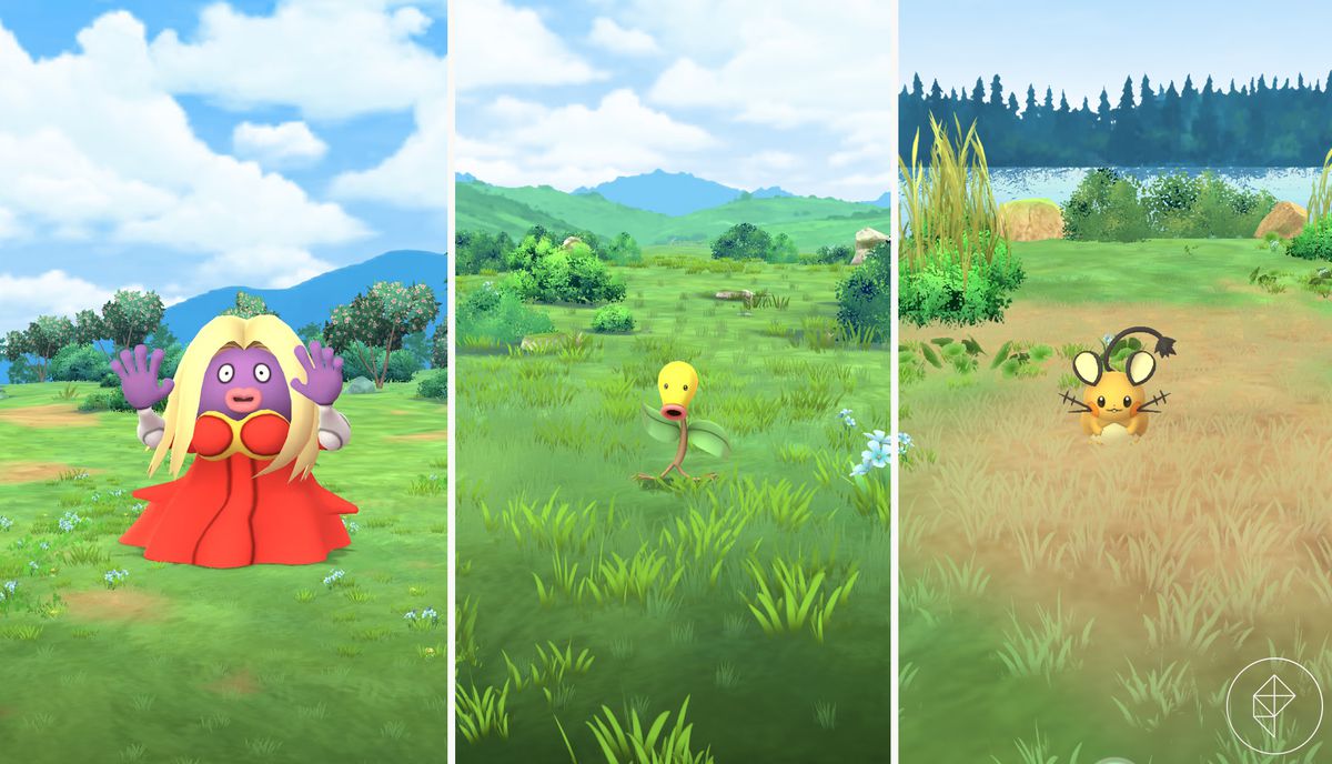 Jynx, Bellsprout och Dedenne i olika Pokémon Go-biomer