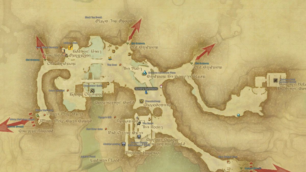En karta över Gridania i FFXIV med Rowenas representant markerad.