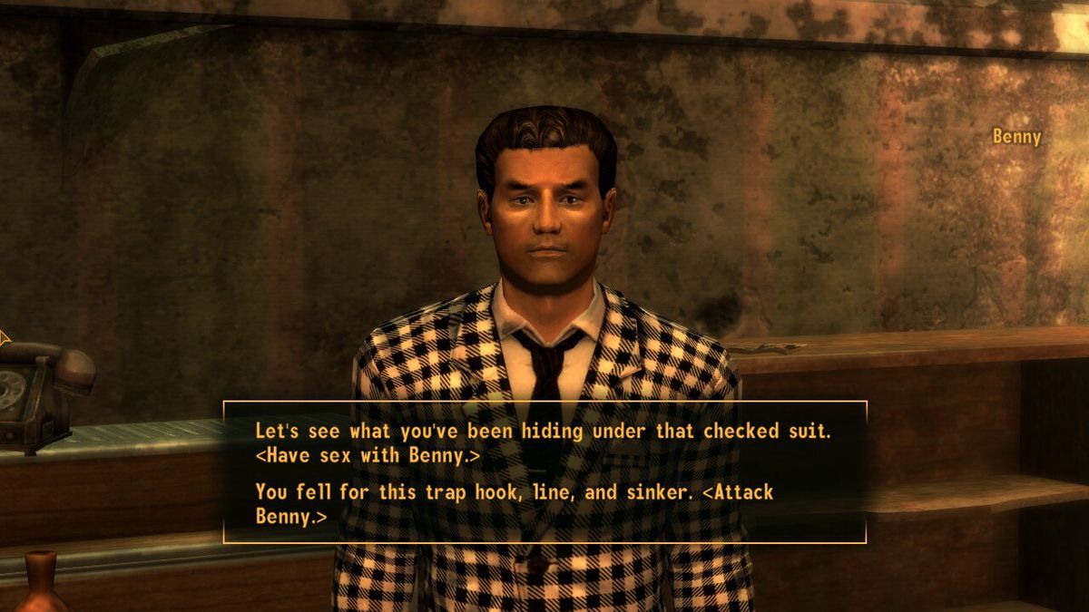 Benny från Fallout: New Vegas i en interaktion.  Alternativen för spelaren är att ha sex med Benny eller attackera honom.
