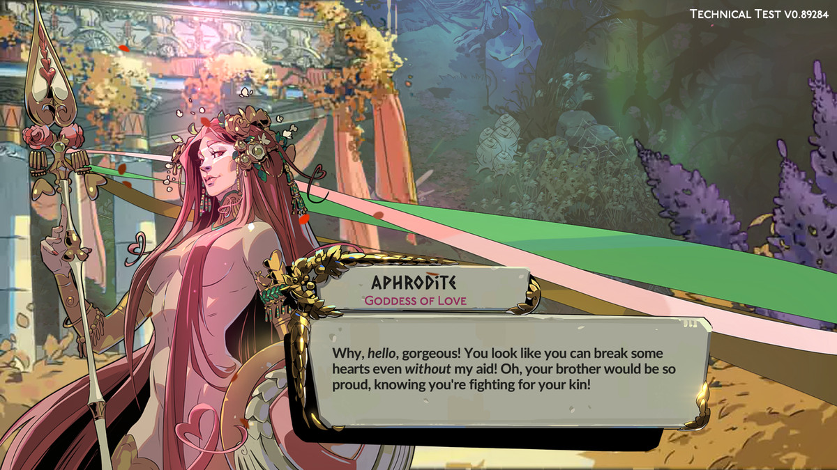 En bild av Afrodite i Hades 2. Hon är avklädd, med hennes rosa hår täcker hennes kropp, och hon svingar ett gyllene spjut.