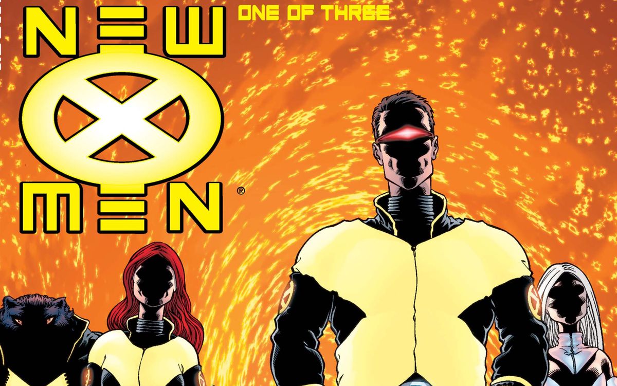 Ltr: Beast, Jean Grey, Cyclops och Emma Frost på omslaget till New X-Men #114, Marvel Comics (2001).