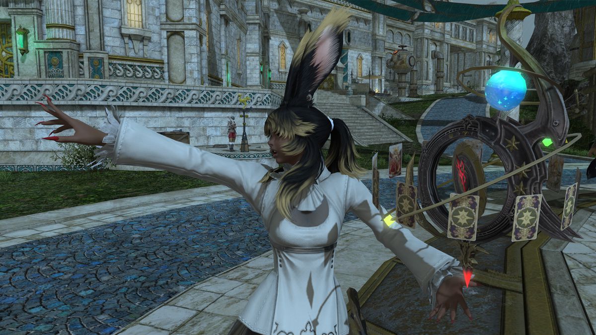 A Viera points forward with a dark Astrologian glove with a blue orb floating above it