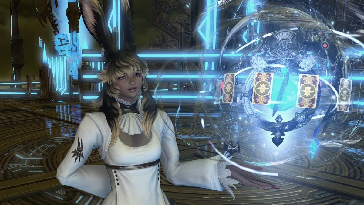 A Viera holds up a blue and white glowing Astrologian globe