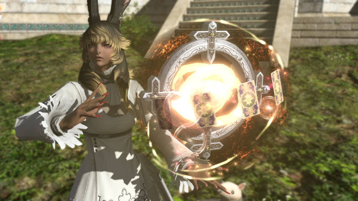 A Viera holds up a fiery orange and yellow Astrologian globe