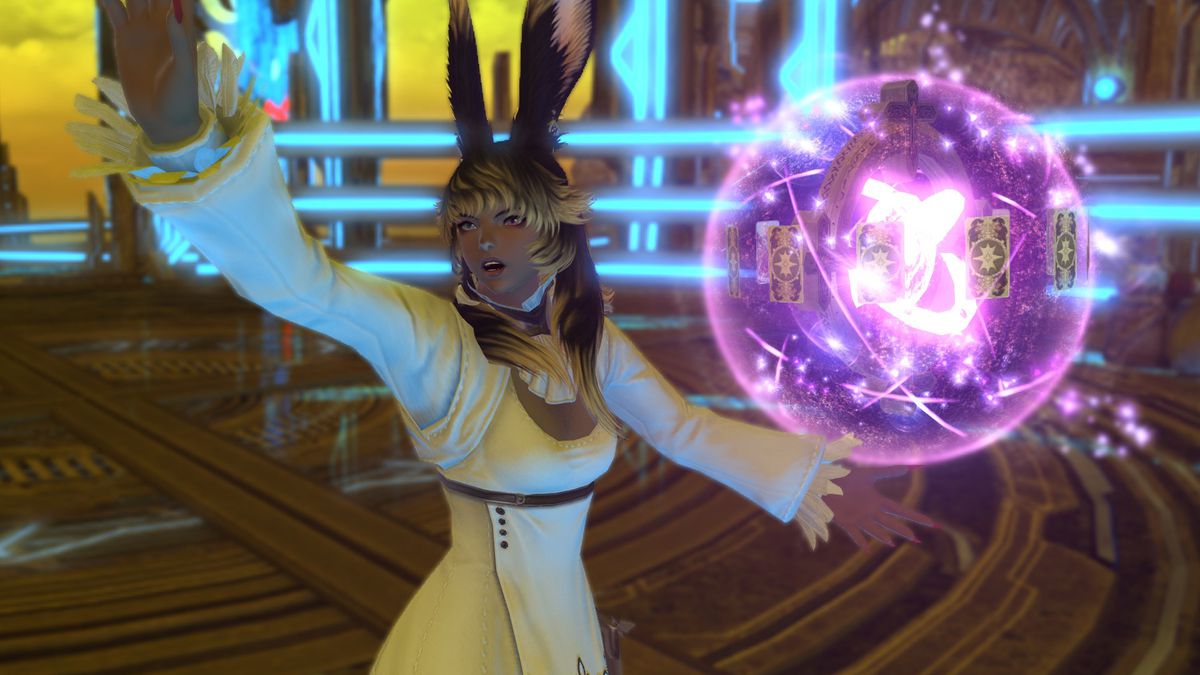 A Viera holds up a glowing pink Astrologian globe