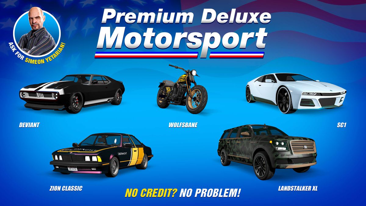 GTA Online-kampanjkonst som visar fordon till salu på Premium Deluxe Motorsport