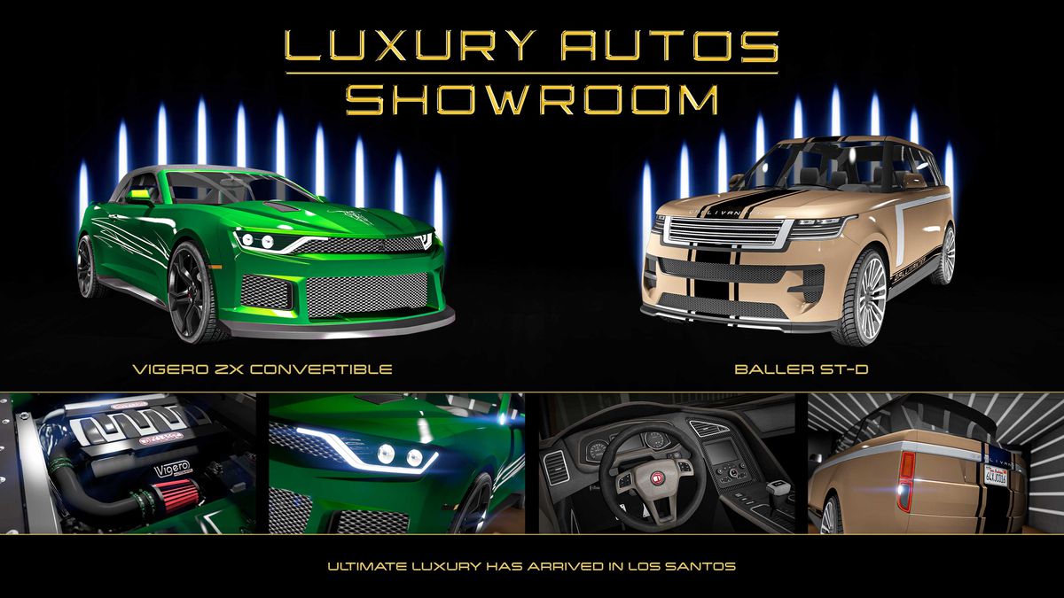 GTA Online-kampanjkonst som visar fordon till salu på Luxury Autos Showroom
