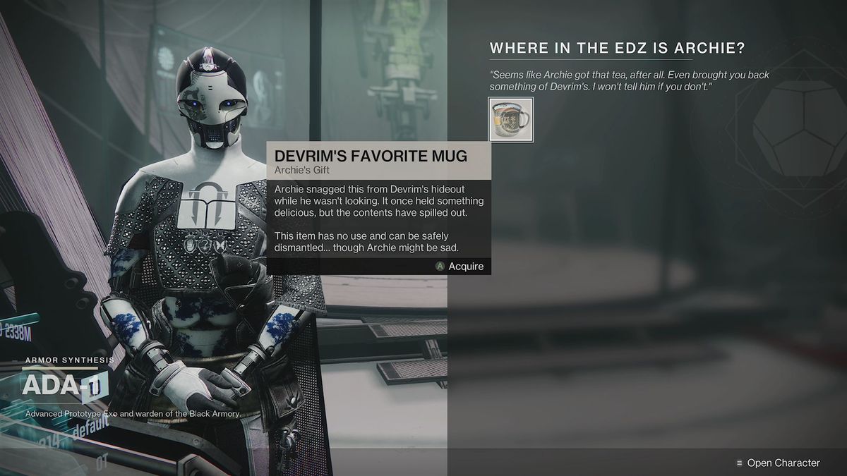 Får belöning för Devrim's Favorite Mug från Ada i Destiny 2