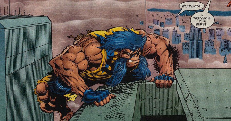 Wolverine hukar på alla fyra på taket av en byggnad och ser helt annorlunda ut än vanligt.  Hans dräkt är sönderrivet, hans armar avslöjas från axeln och benen från knäna.  Han har inga stövlar, fingerlösa handskar, och hans ansikte och hår är mer bestialiska än mänskliga - hans näsa platt och apa-liknande, hans nedre hörntänder sticker ut över hans överläppen som betar. 