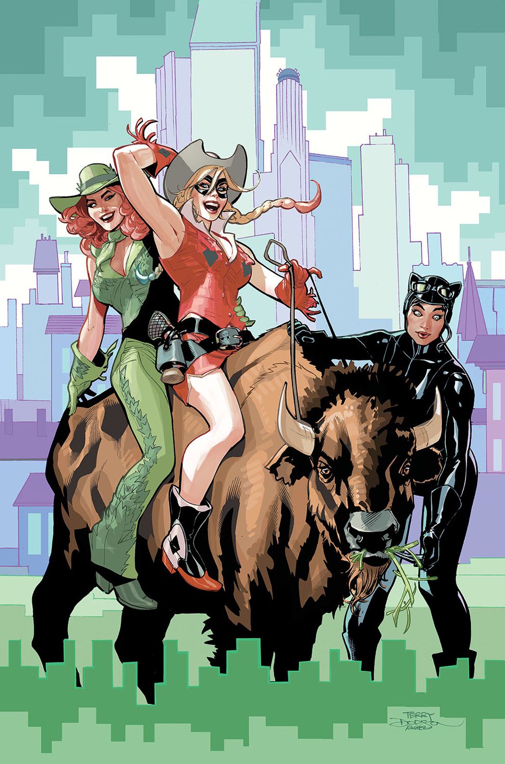 Poison Ivy, Harley Quinn och Catwoman busar och rider på en bison på omslaget till Gotham City Sirens #1.