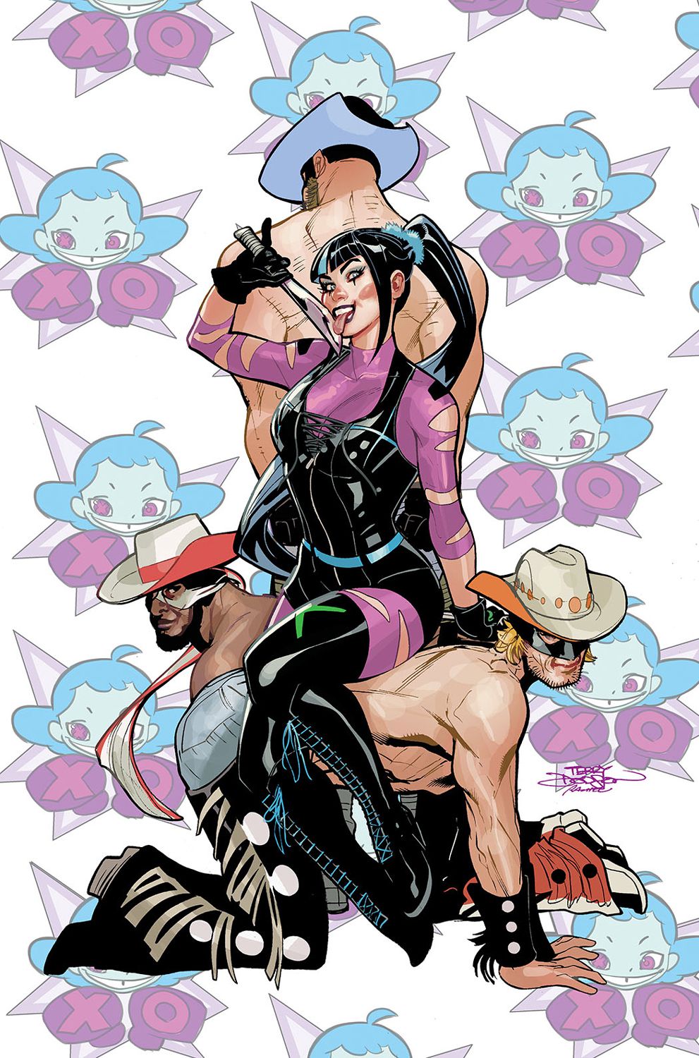 Punchline slickar villigt sin kniv och sitter kokett på ryggen av tre av Nasty Boys på omslaget till Gotham City Sirens #2.