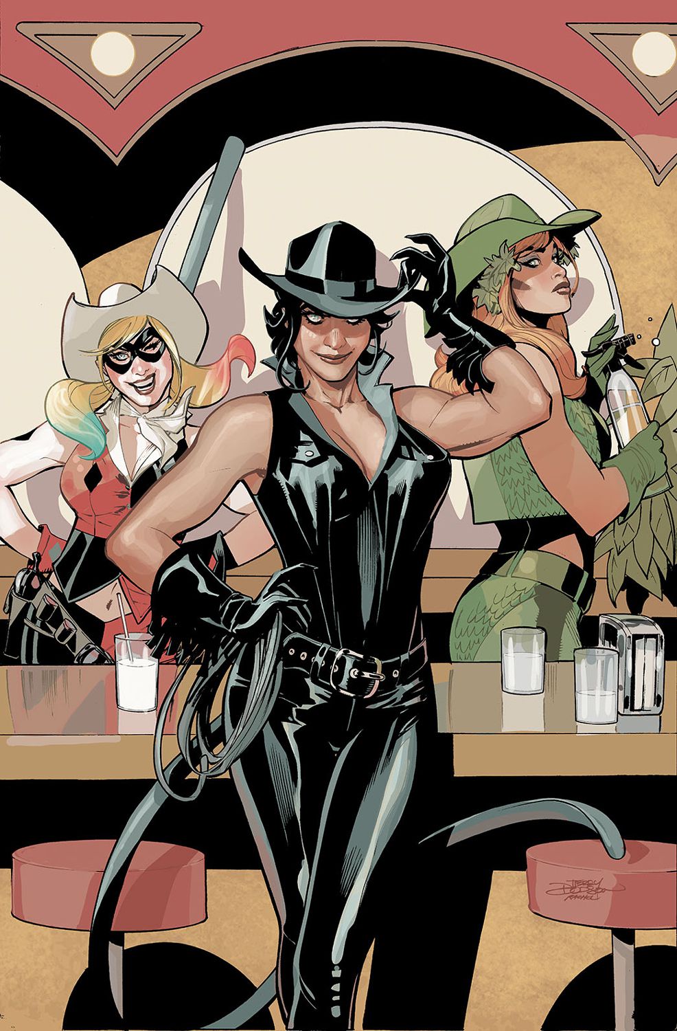 Harley Quinn, Catwoman och Poison Ivy poserar i cowboyhattar och västerländsk dräkt på en bar i omslaget till Gotham City Sirens #3.