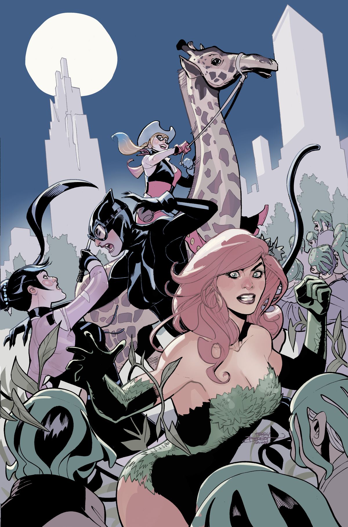 Harley Quinn, Catwoman och Poison Ivy rider på en giraff, slåss mot Punchline och tävlar med en hord människor med bläckfiskar på huvudet (respektive) på omslaget till Gotham City Sirens #4.