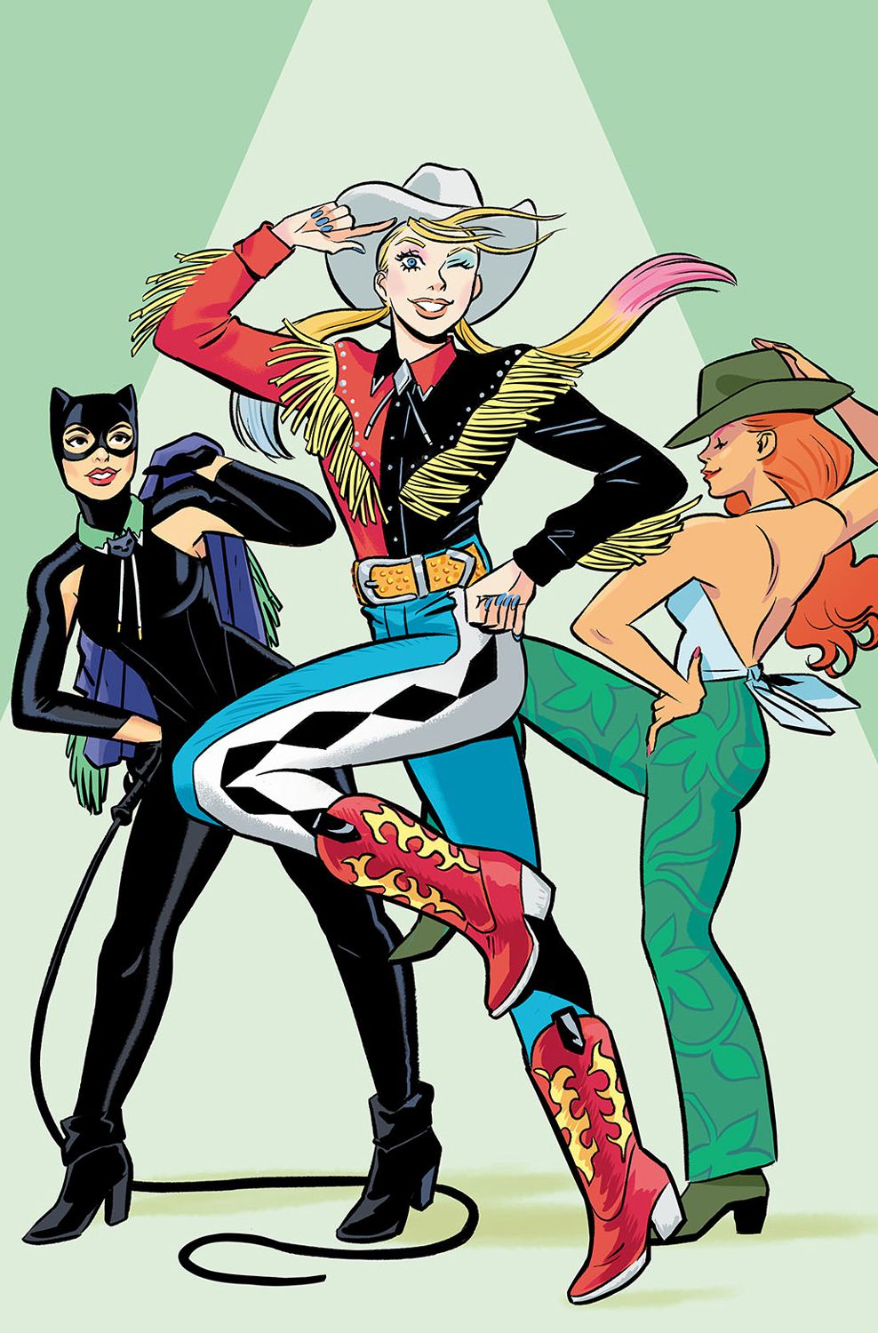 Catwoman, Harley Quinn och Poison Ivy gör fåniga poser i läderjackor med tofsar, cowboystövlar och andra västerländska klädsel på en variant på Gotham City Sirens #3.