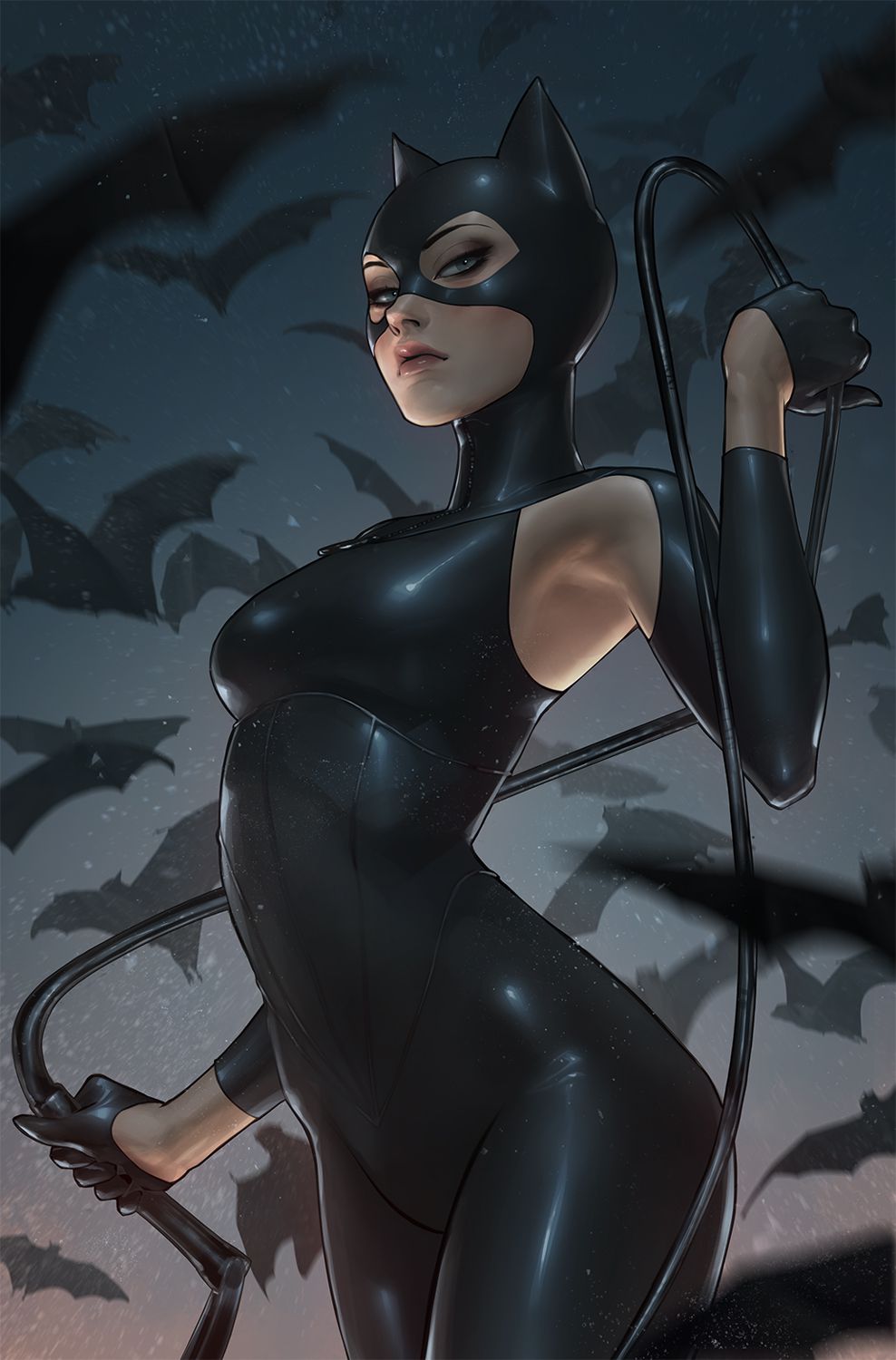 Catwoman poserar med sin piska, en svärm av fladdermöss runt henne på en variant av omslag till Gotham City Sirens.