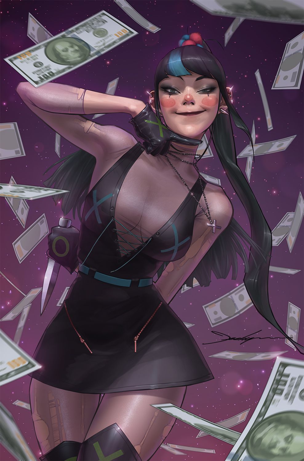 Punchline ställer sig när hundradollarsedlar regnar runt henne på en variant av omslaget till Gotham City Sirens.