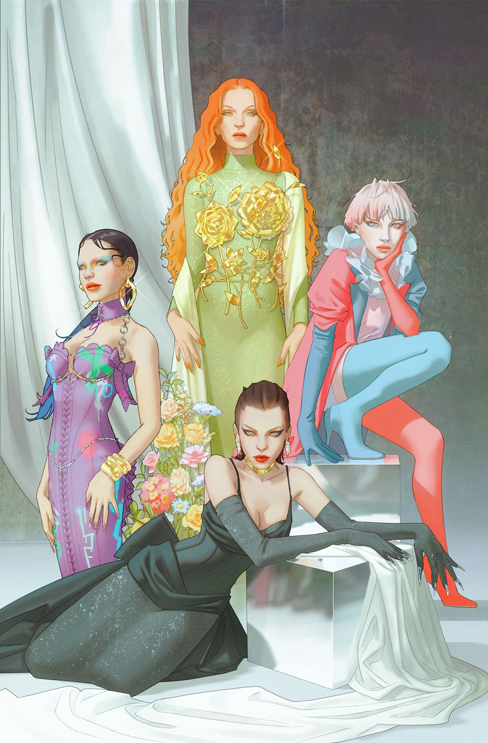Punchline, Poison Ivy, Harley Quin och Catwoman poserar i tematiskt passande couture på en variant av omslag till Gotham City Sirens.