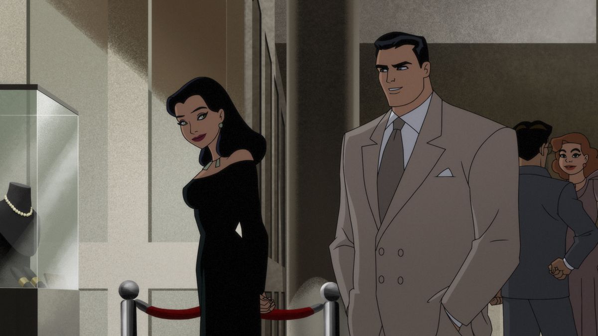 Bruce Wayne och Selina Kyle står i ett konstgalleri i den animerade serien Batman: Caped Crusader