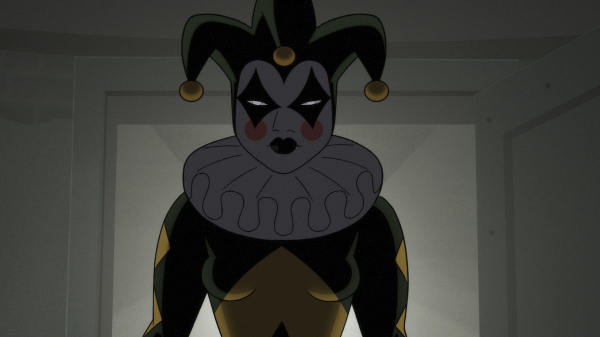 Harley Quinn, som ser ut som en olycksbådande gycklare med ett mörkgrönt och gult färgschema, som hon framträder i den animerade serien Batman: Caped Crusader