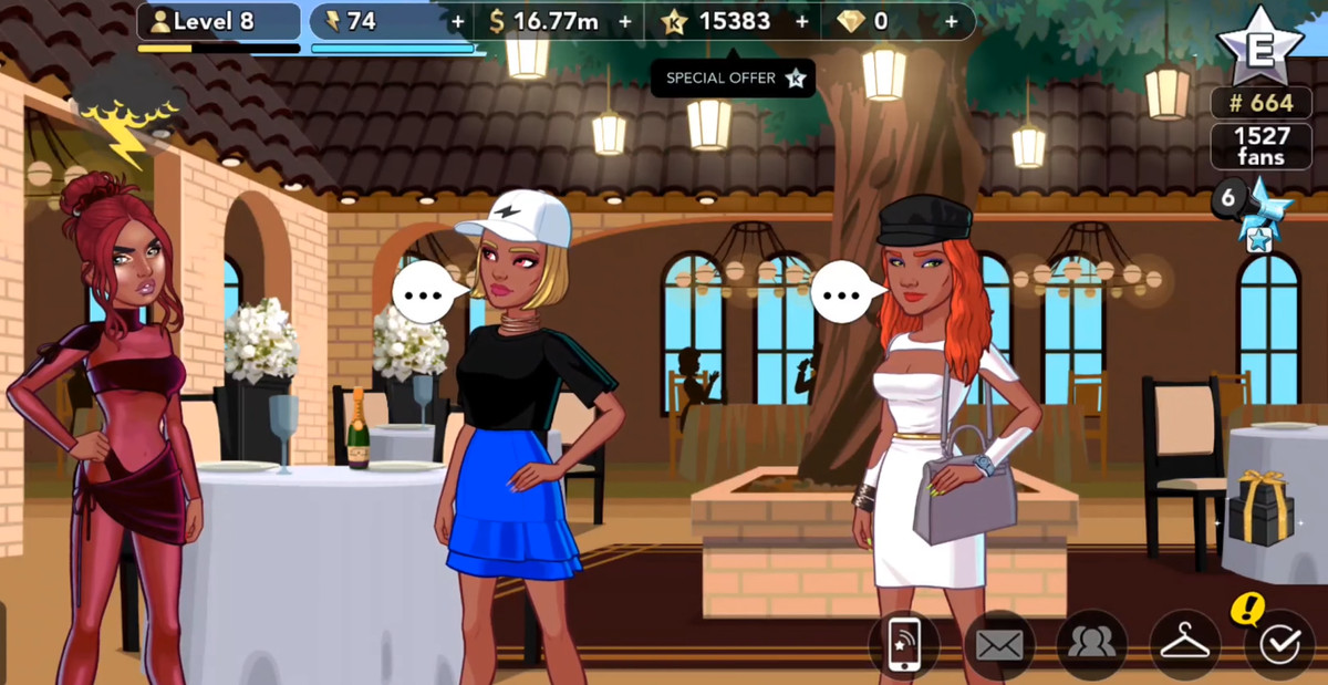 Three ladies dressed up fancy in a restaurant in Kim Kardashian: Hollywood