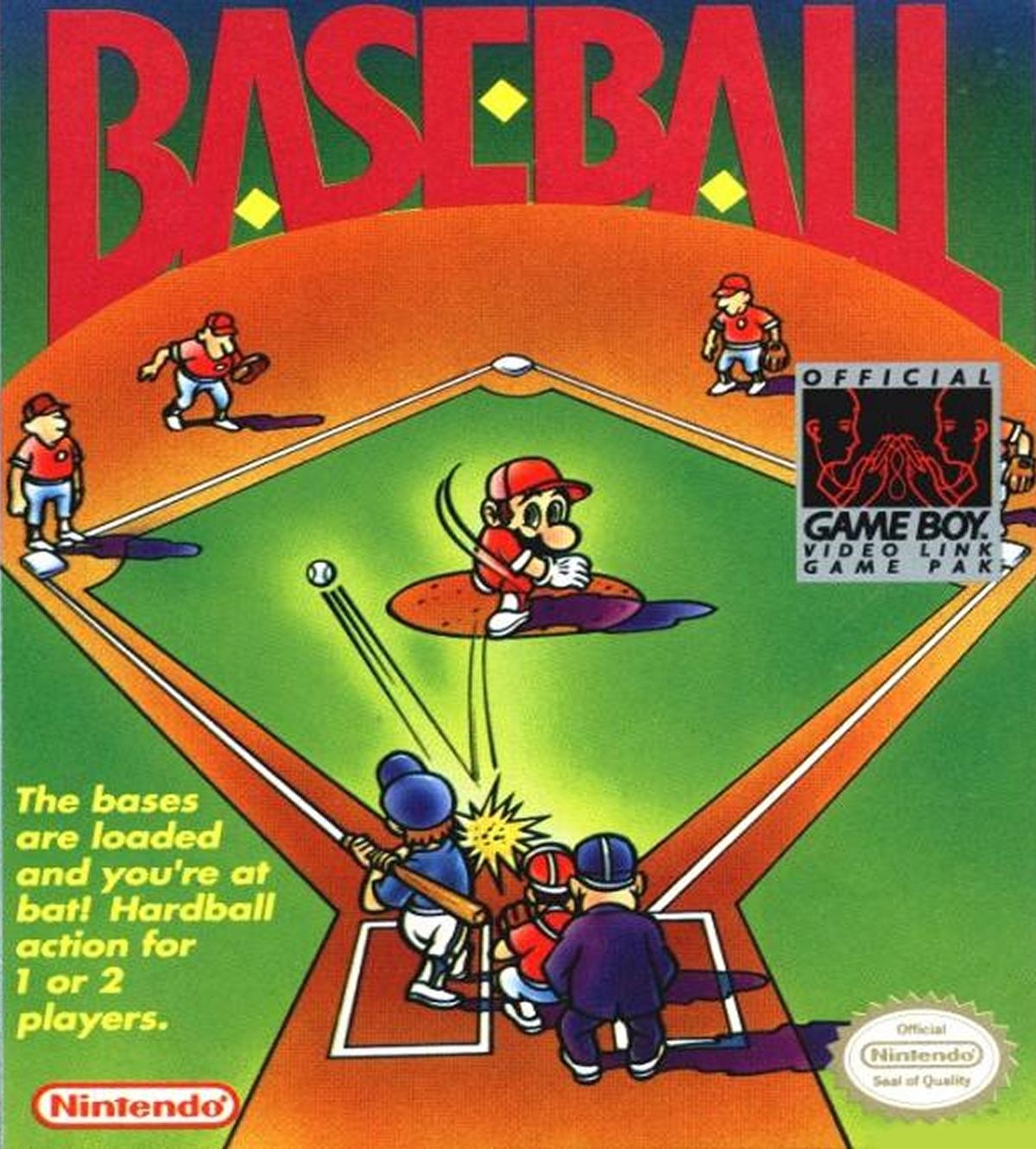 Omslagsbild för Game Boy-versionen av Baseball, med en illustration av Mario som slår mot en smet som har slagit en boll mot vänster plan