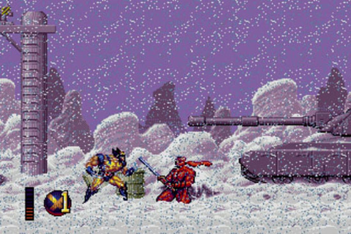 A pixelated image from X-Men 2: Clone Wars, as Wolverine squares off with a ninja in the snow