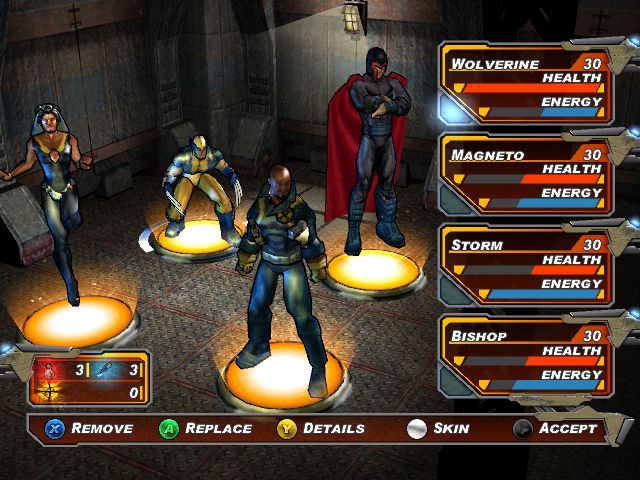 Character select screen in X-Men Legends II: Rise of Apocalypse, featuring Wolverine, Magneto, Storm, and Bishop.