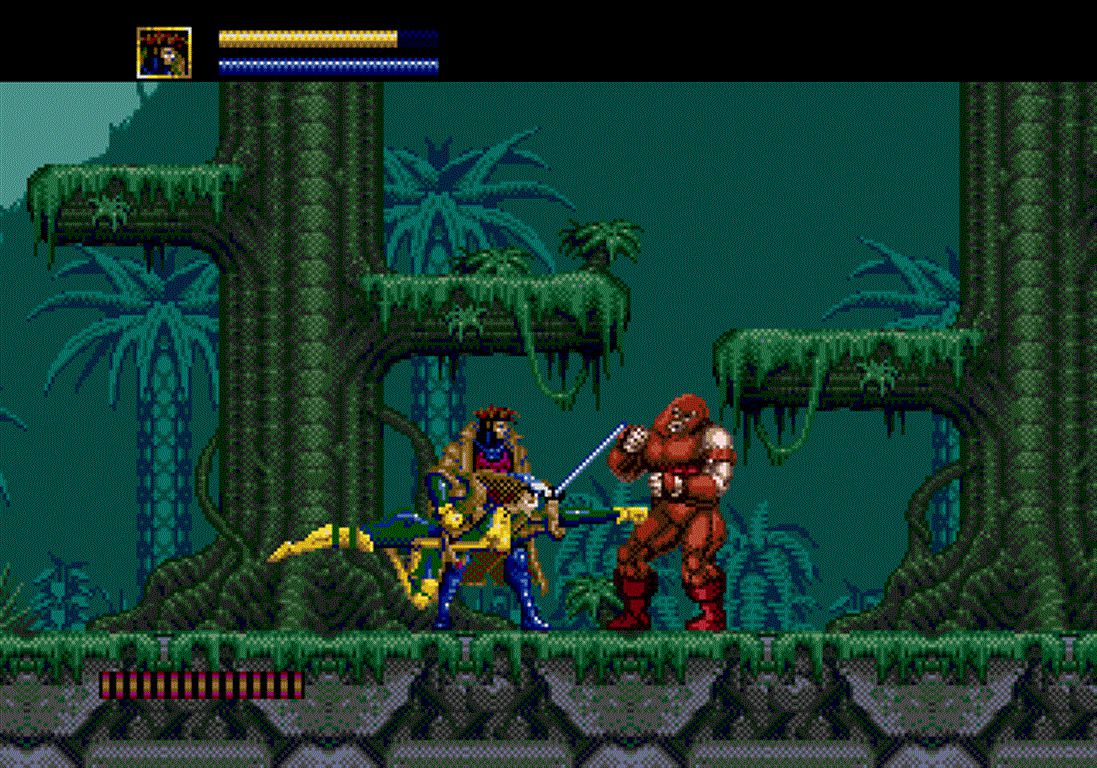 Gambit and Rogue join forces to fight Juggernaut in a jungle in X-Men (1993) for Sega Genesis