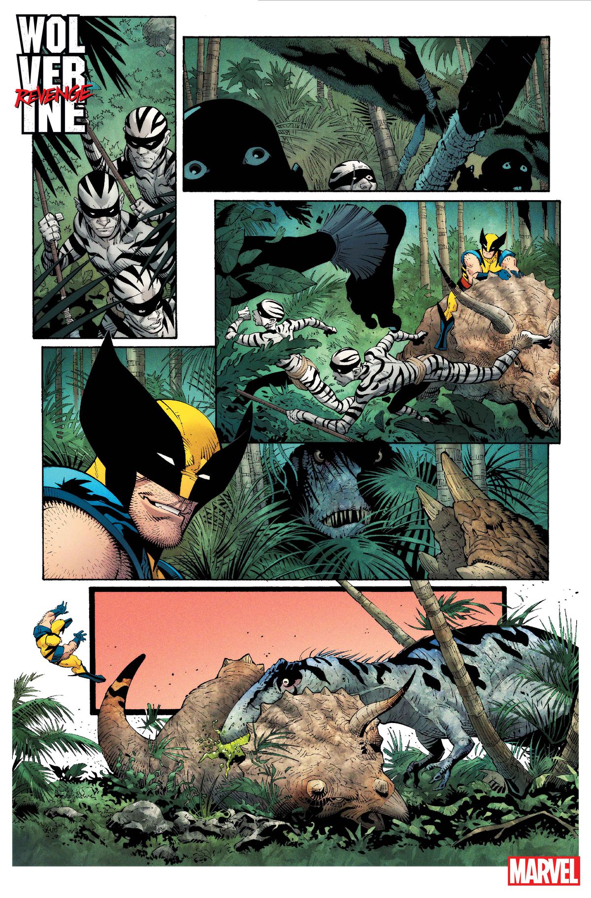 Zebrafolk flyr medan Wolverine flinande tittar på en enorm dinosaurie av theropod-typ som hoppar från gömstället och tar ner sitt ceratops-fäste och kastar av honom i Wolverine: Revenge #1.