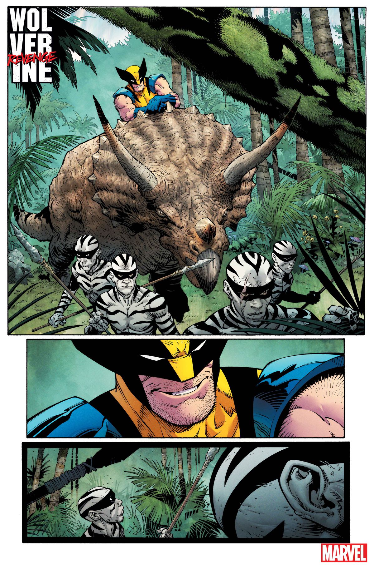 Wolverine rider en triceratops genom det vilda landet, i sällskap med medlemmar av Zebra People in Wolverine: Revenge #1.