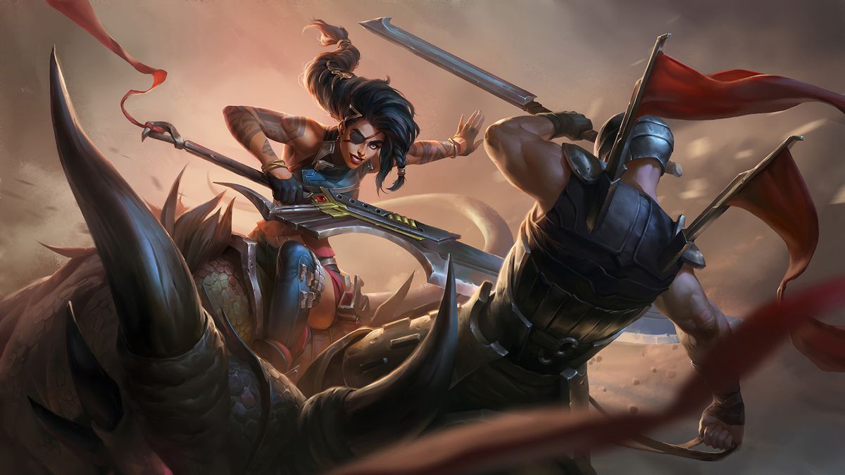 Samira, ökenrosen, attackerar en Noxian-krigare med sitt blad.  Hon tittar på kameran medan hon gör det, ena ögat täckt av en svart ögonlapp