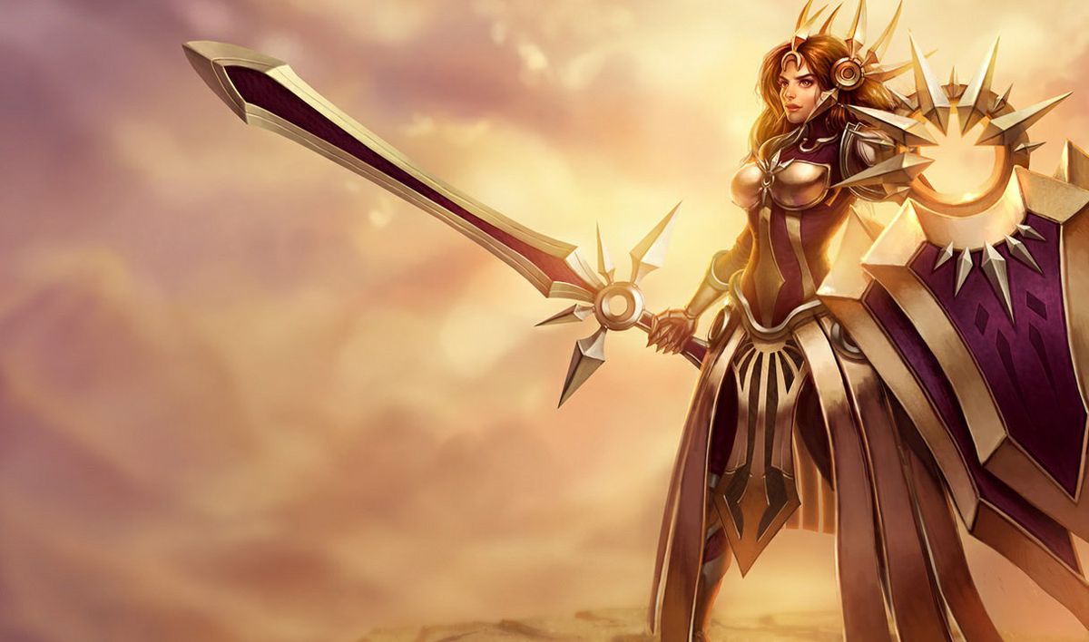 League of Legends-mästaren Leona håller sitt gigantiska solsvärd och sin gigantiska solsköld medan hon bär gigantiska solskydd när solen skiner bakom henne