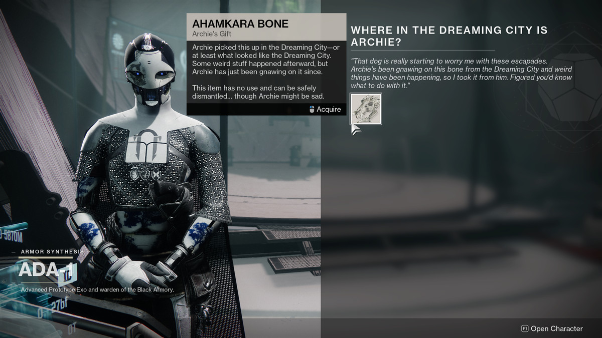 A Guardian samlar in några Ahamkara Bones från Ada-1 i Destiny 2