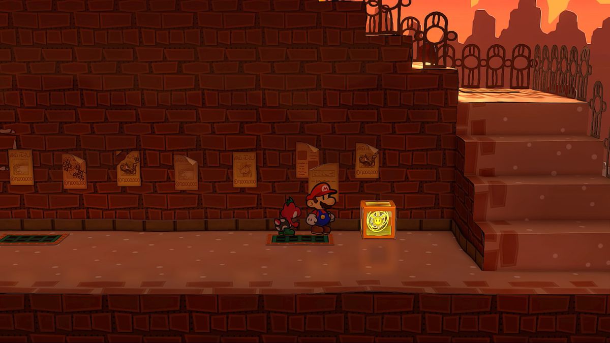 Mario och Yoshi står framför en Shine Sprite-låda i Paper Mario: The Thousand-Year Door