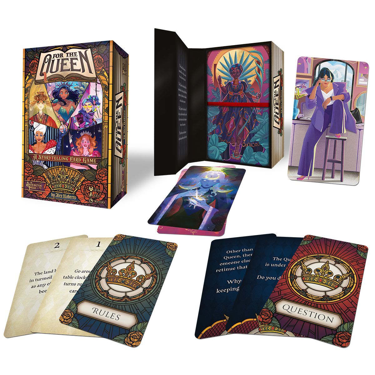 A display of Alex Roberts’ indie card-based RPG For the Queen, featuring the card box open and closed, a few of the rules cards, and a few of the question cards