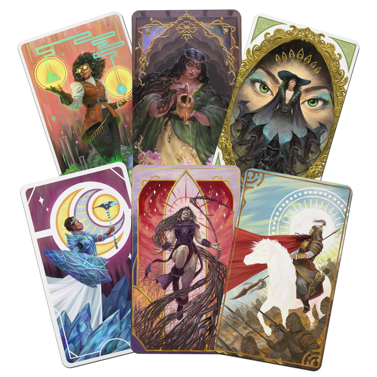 A spread of six narrative inspiration cards from Alex Roberts’ indie card-based RPG For the Queen, each depicting a radically different fantasy or sci-fi inspired queen