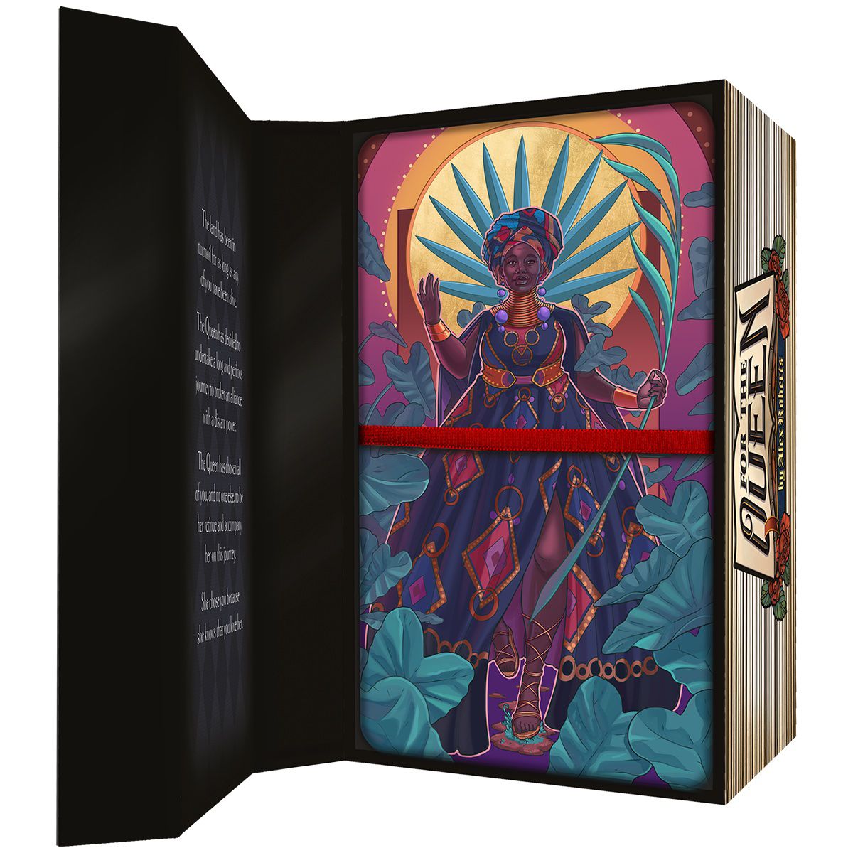 The open box of Alex Roberts’ indie card-based RPG For the Queen, showing one of the queen inspirational art cards, a Black woman in a head-wrap and long, flowing dress, holding a leafy frond and with a halo of similar fronds behind her head