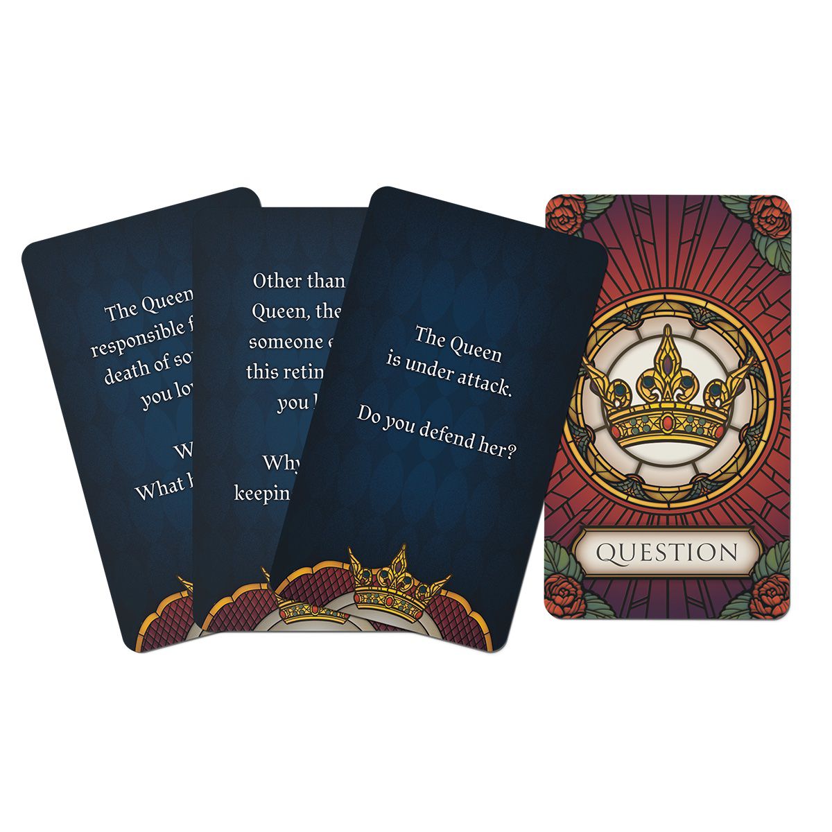 A fan of some of the question cards from For the Queen, with the top card reading “The Queen is under attack. Do you defend her?”