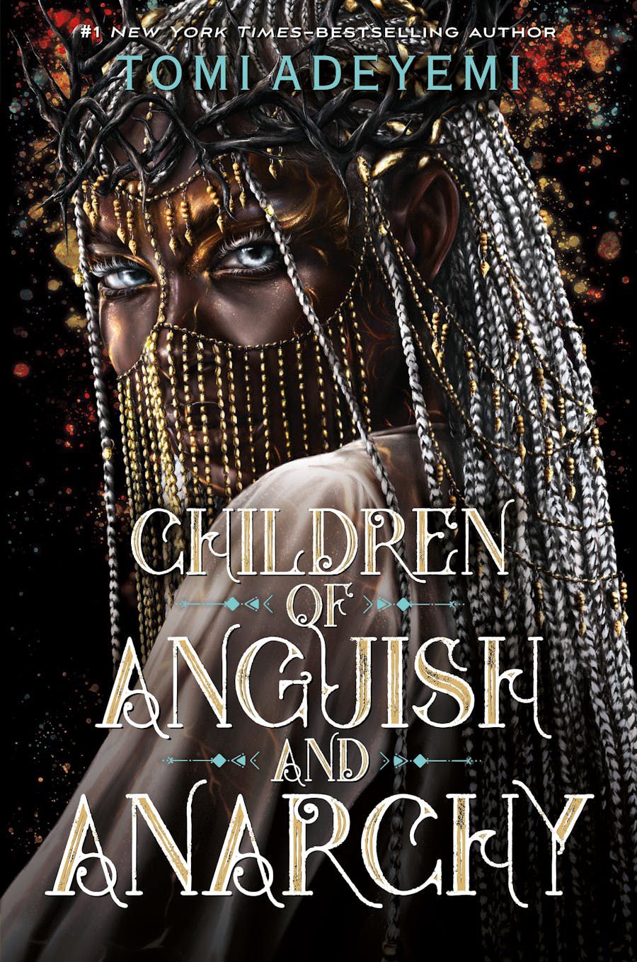 Cover image for Tomi Adeyemi’s Children of Anguish and Anarchy, featuring a Black woman wearing a gold veil with silver hair streaming down her back