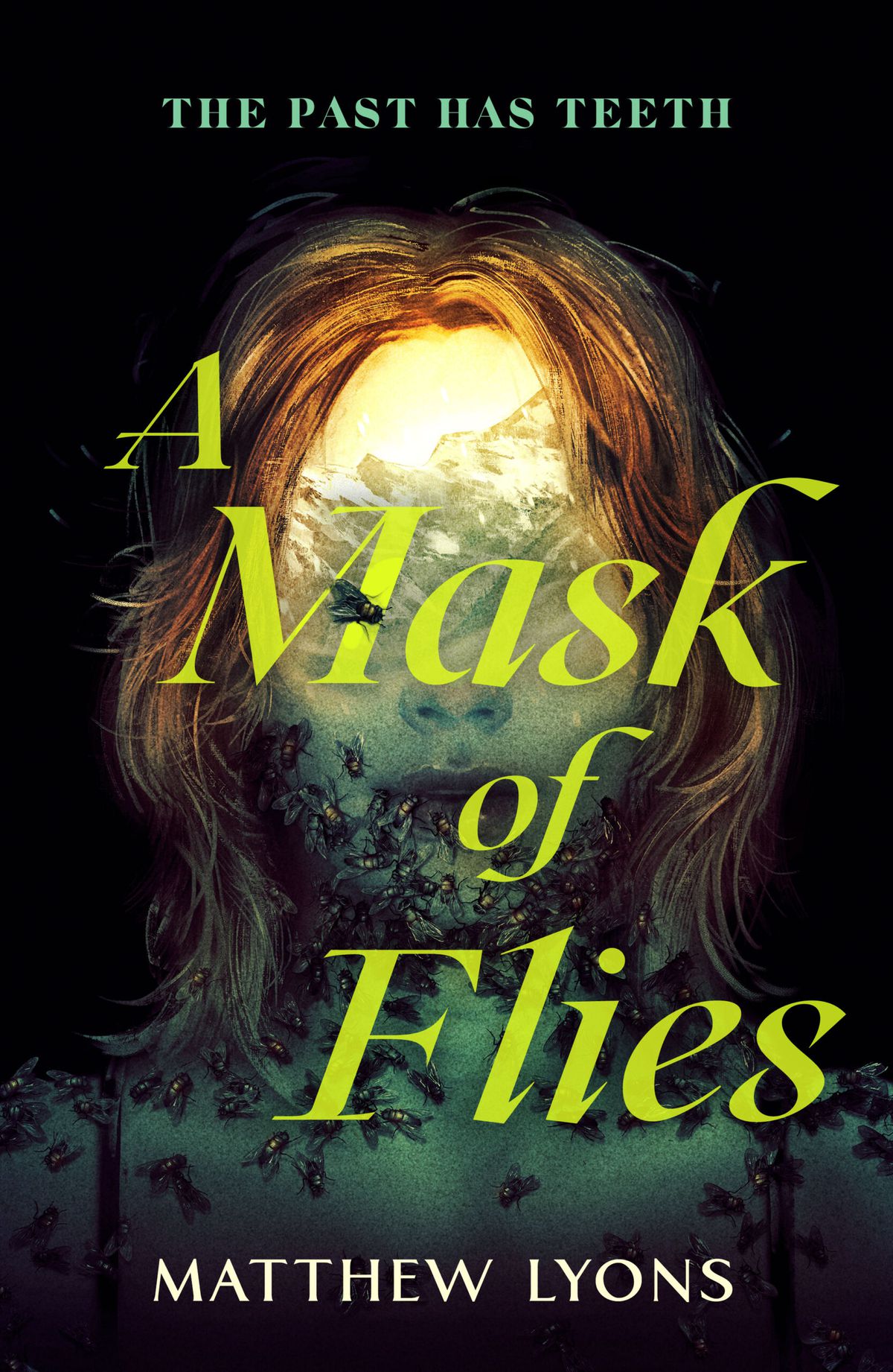 Cover image for Matthew Lyons’ A Mask of Flies, featuring a dead-looking girl without a face, covered with flies