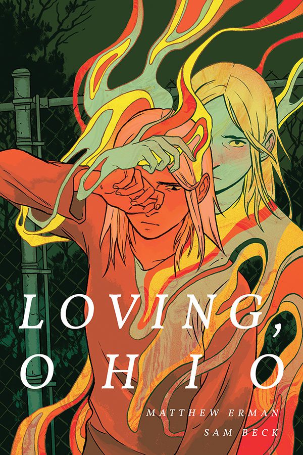 Cover image for Matthew Erman and Sma Beck’s Loving, Ohio, featuring a person covering their face, as they are enveloped by a ghostly image of another version of theirself. 