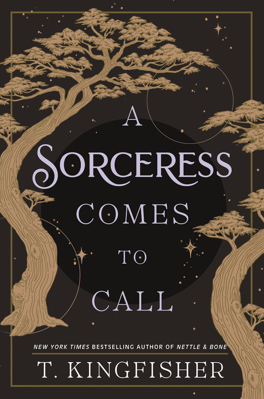 Cover image for T. Kingfisher’s A Sorceress Comes to Call, with gold trees against a starry black background