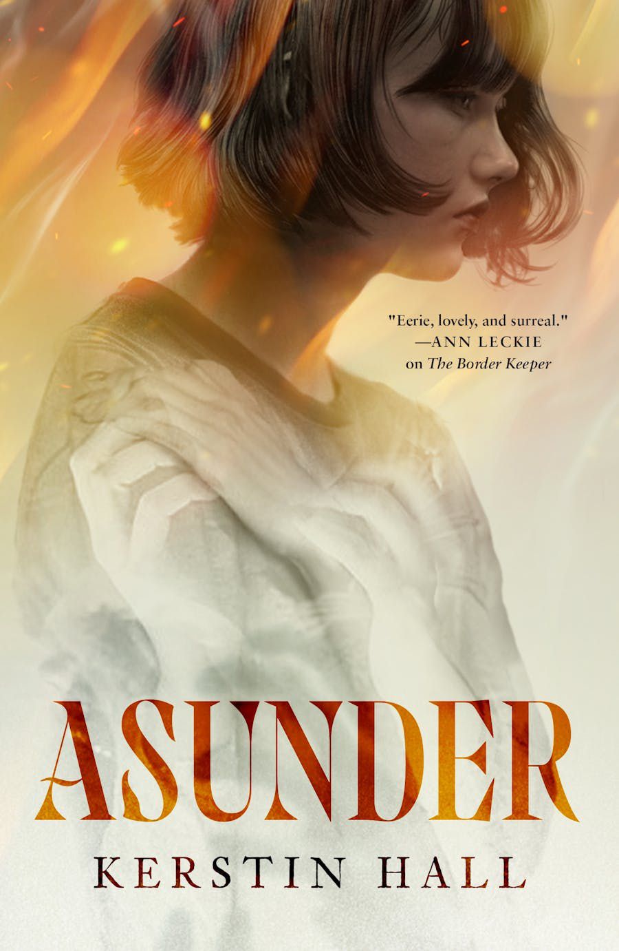 Cover image for Kerstin Hall’s Asunder, featuring a woman surrounded by sparks and fog