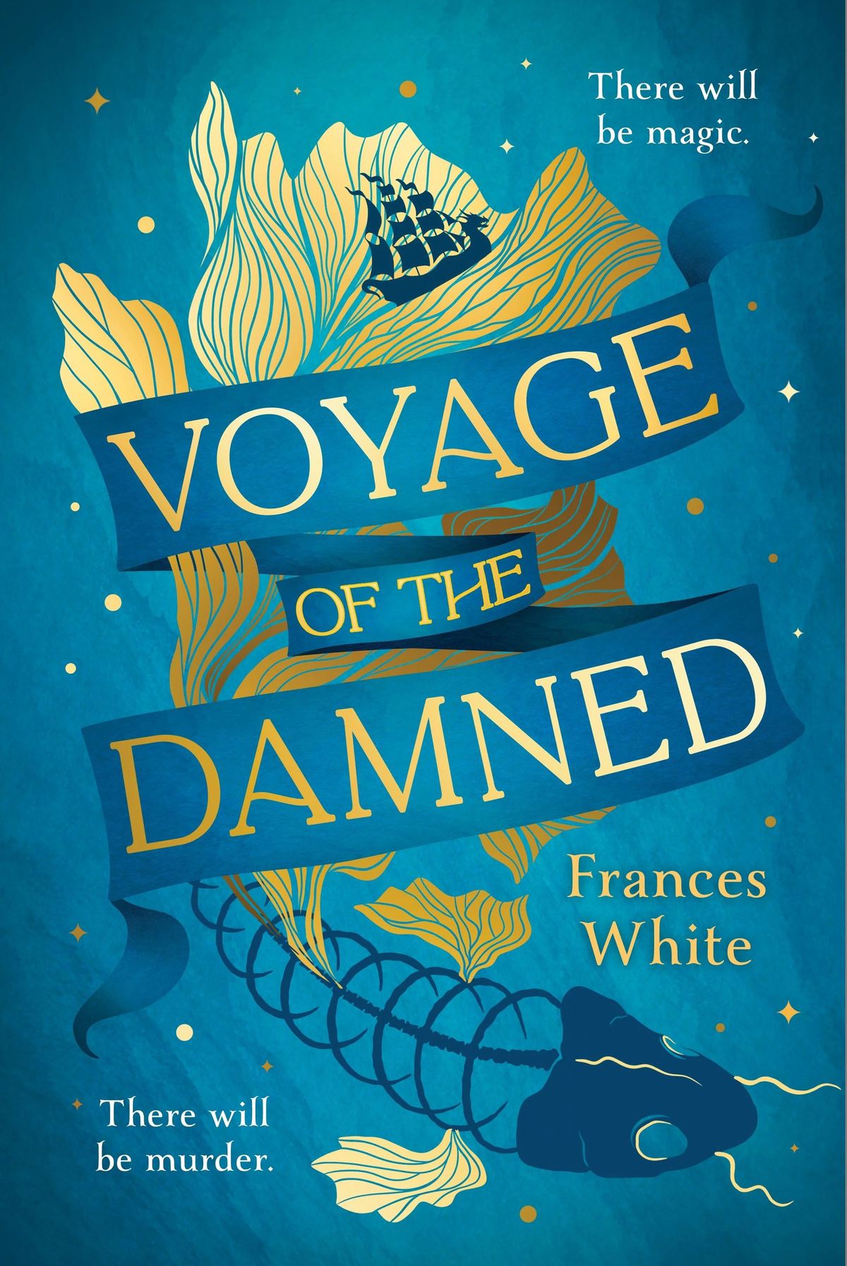 Cover image for Frances White’s Voyage of the Damned, featuring a long fish bone and a boat under water against a light blue background